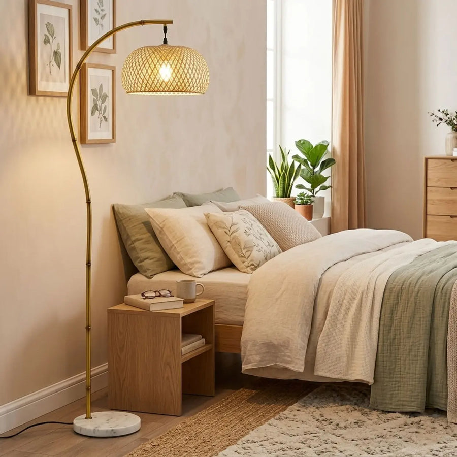 Rustic Arched Weaving Bamboo Foot Switch Floor Lamp