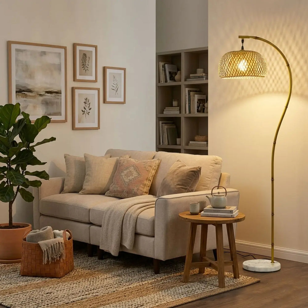 Rustic Arched Weaving Bamboo Foot Switch Floor Lamp