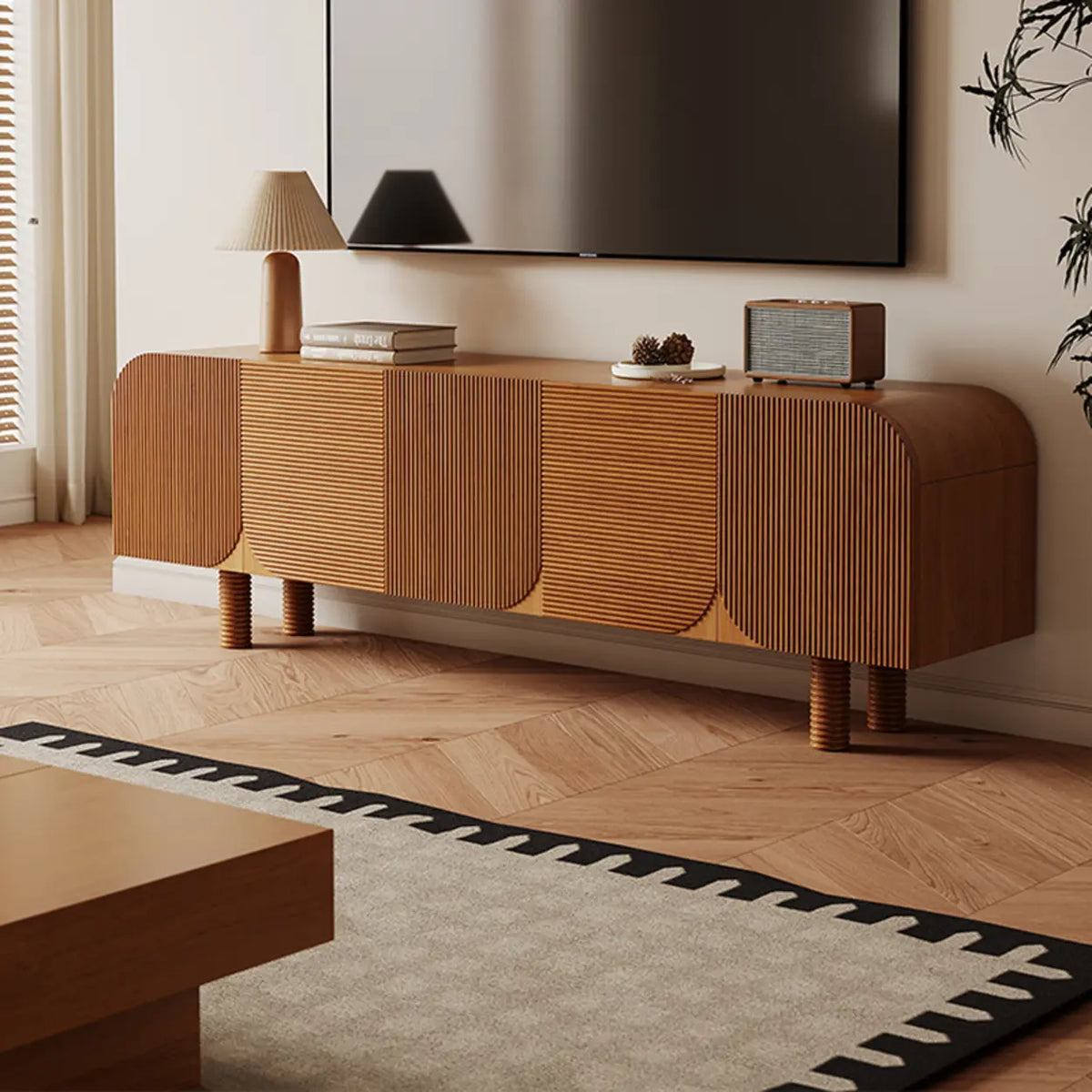 Rustic Brown Wooden Long Curved TV Stand with Cabinet