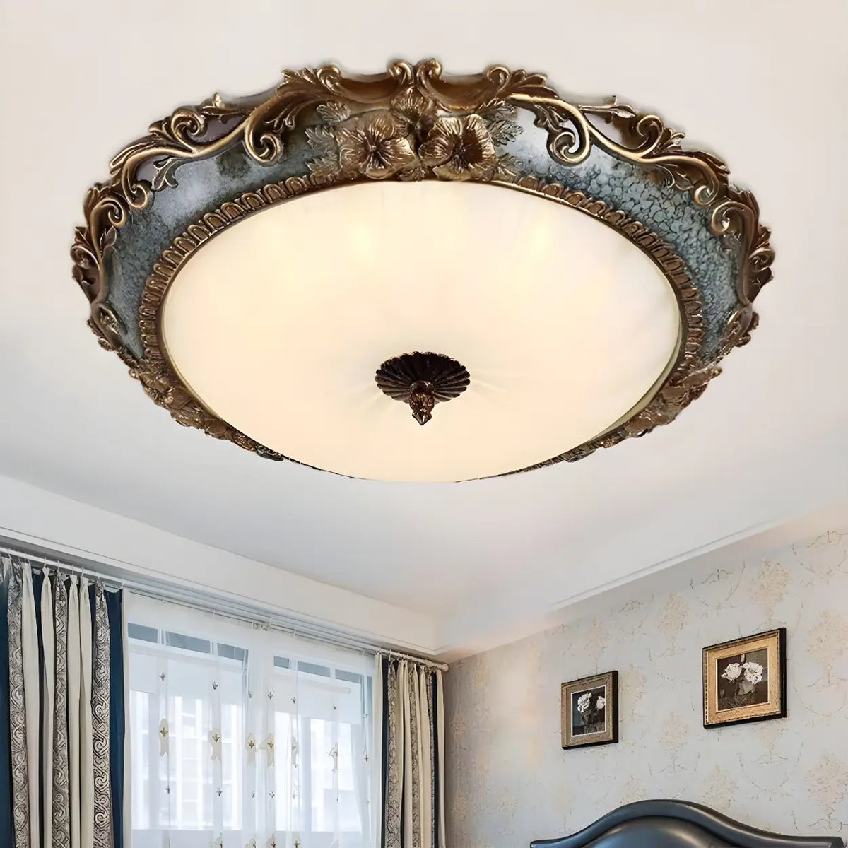 Rustic Carving Resin Bowl-Shaped Brass Flush Mount Lamp