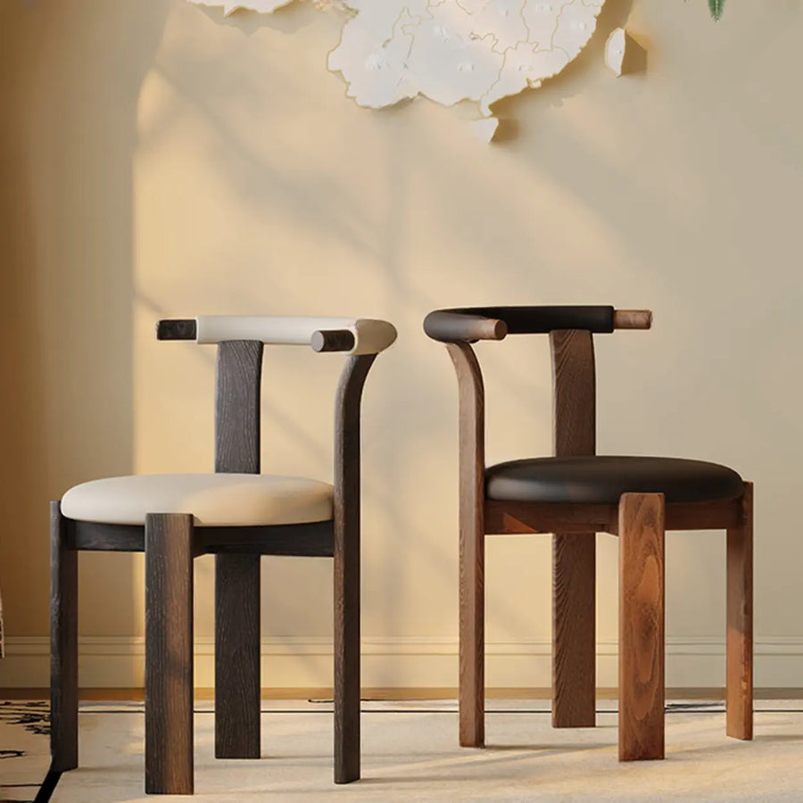 Rustic Curved Back Wood Dining Chairs with Upholstered Seat