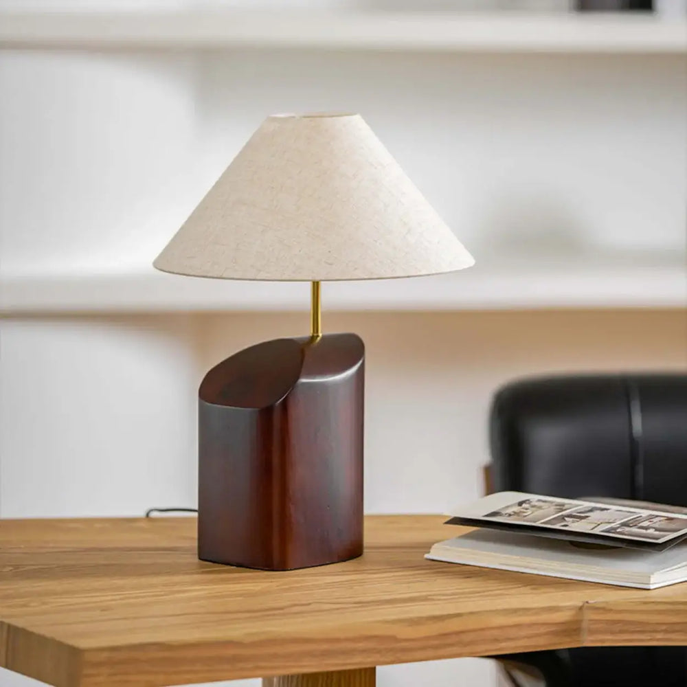 Rustic Dark Wood Walnut Geometric Inline Switch Table Lamp