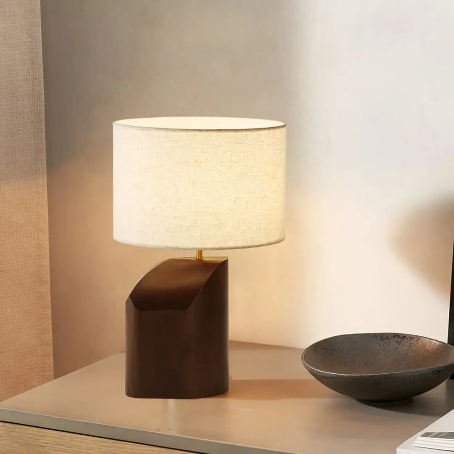 Rustic Dark Wood Walnut Geometric Inline Switch Table Lamp