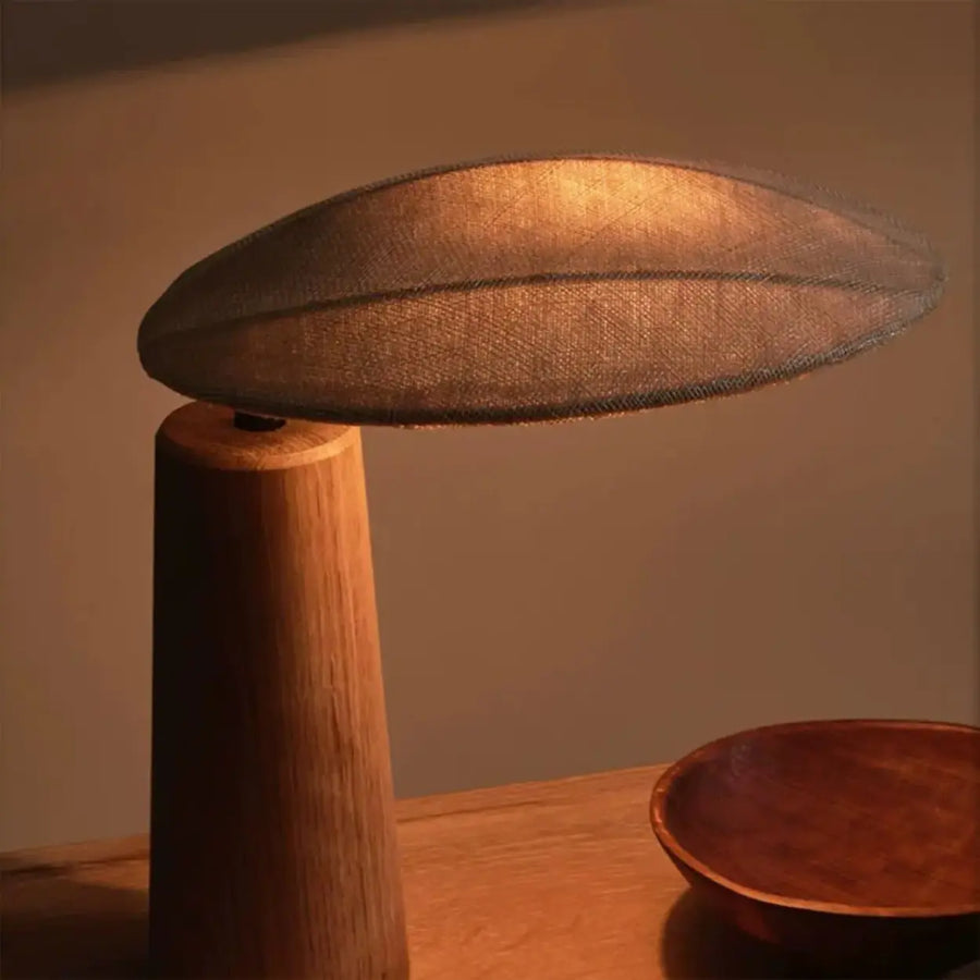 Rustic Flax Cone Shade Natural Wood Plug In Table Lamp