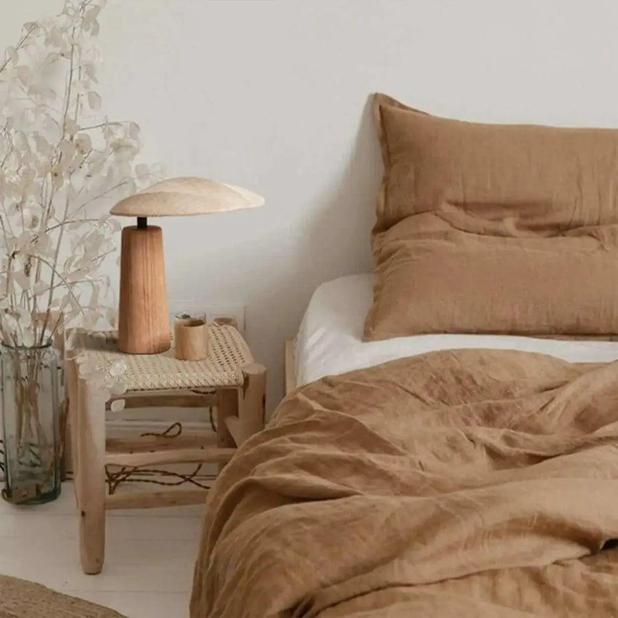 Rustic Flax Cone Shade Natural Wood Plug In Table Lamp