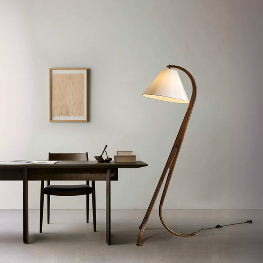 Rustic Foot Switch Fabric Cone Wood Curved Tripod Floor Lamp