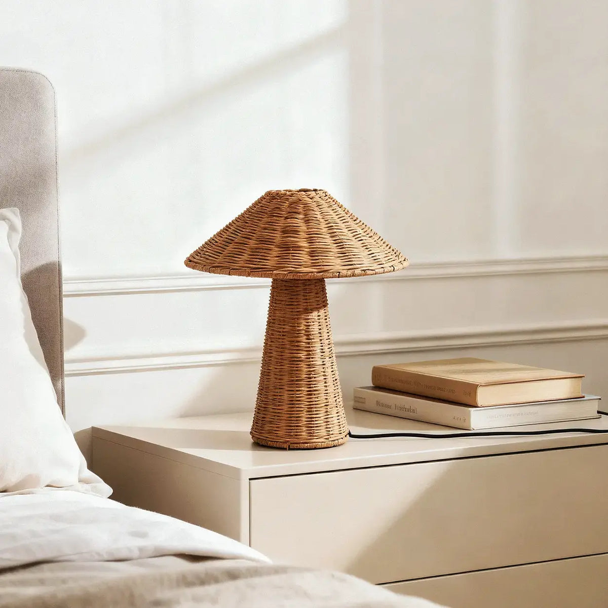 Rustic Natural Rattan Cone Shade Led Table Lamp for Bedroom