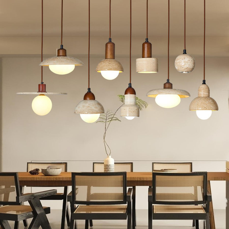 Rustic Stone and Wood Pendant Lights Set Adjustable Height