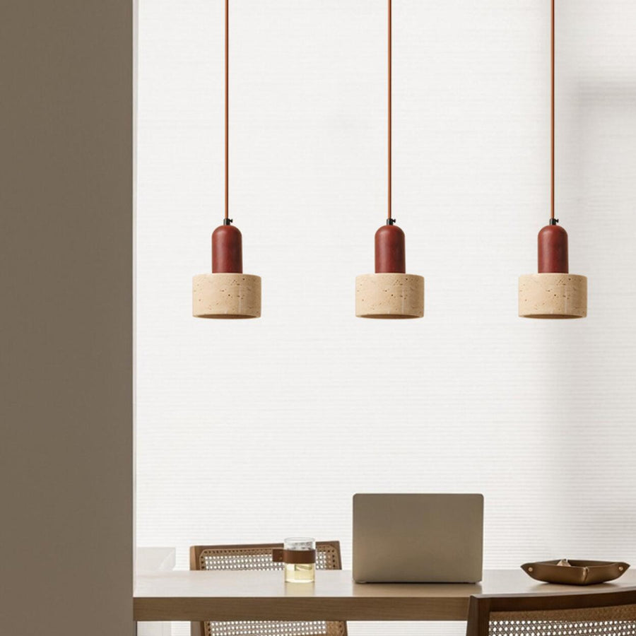 Rustic Stone and Wood Pendant Lights Set Adjustable Height