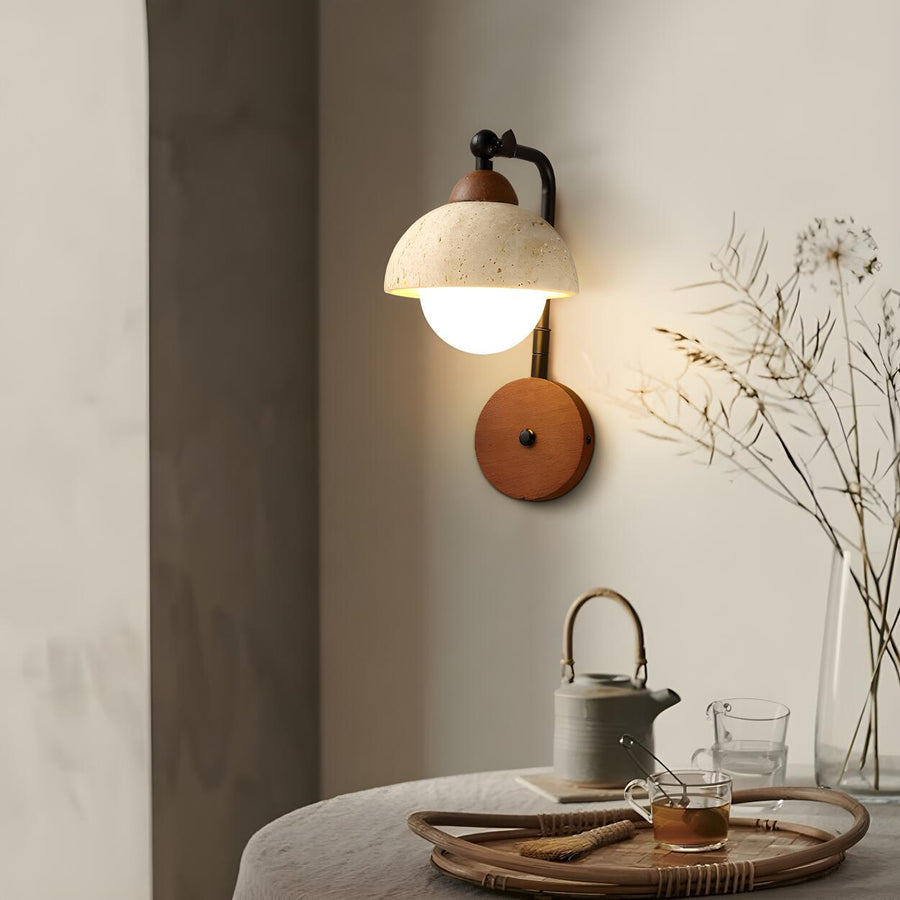 Rustic Walnut Wood Dome Stone Shade Wall Sconce