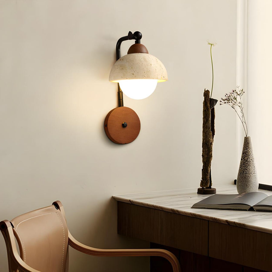Rustic Walnut Wood Dome Stone Shade Wall Sconce