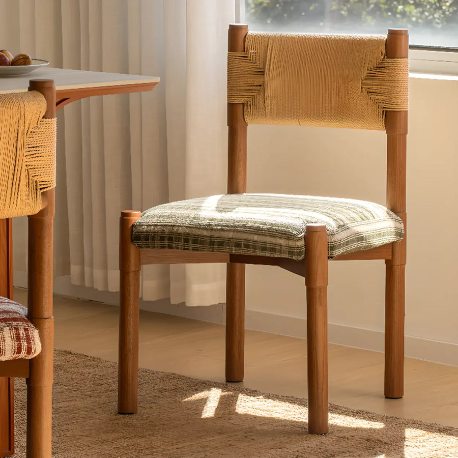 Rustic Wood Woven Rope Open Back Armless Dining Chair