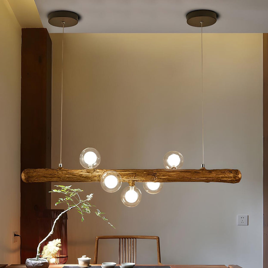 Rustic Wooden Beam and Bubble Island Pendant Light