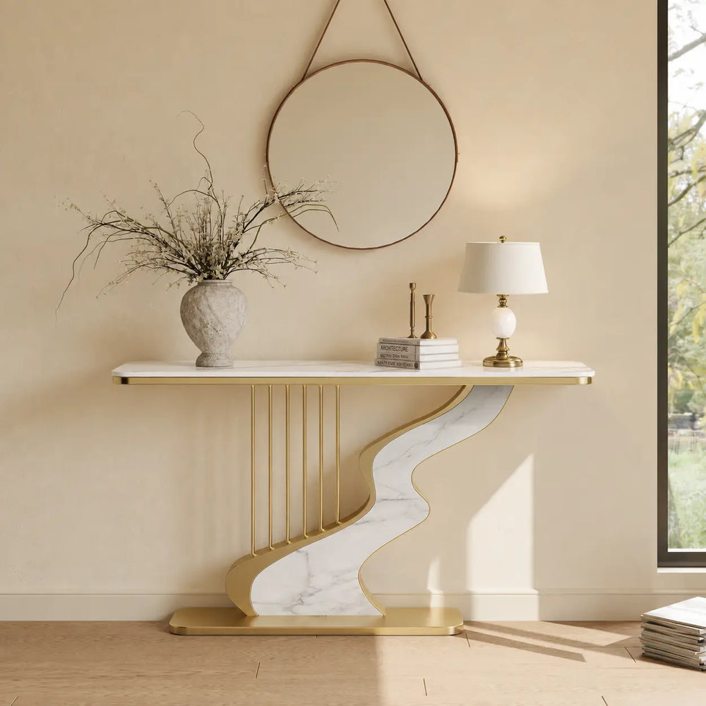 S-Curve Base Stone White and Gold Hallway Console Table