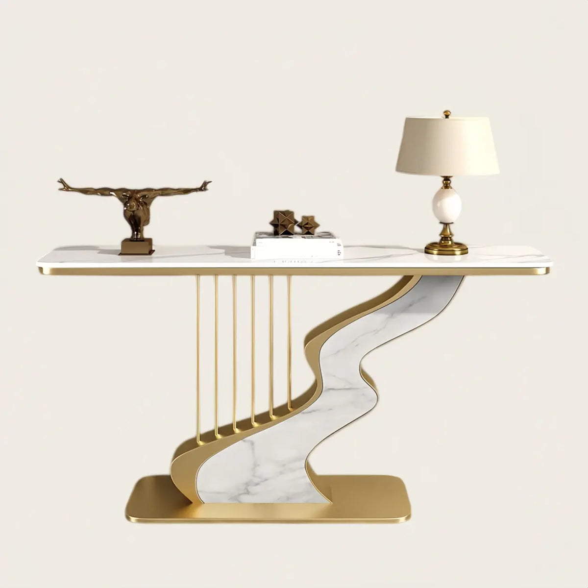 S-Curve Base Stone White and Gold Hallway Console Table