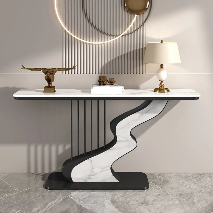 S-Curve Base Stone White and Gold Hallway Console Table