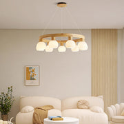 Scandinavian 9-Light GLobe Wooden Ring Chandelier