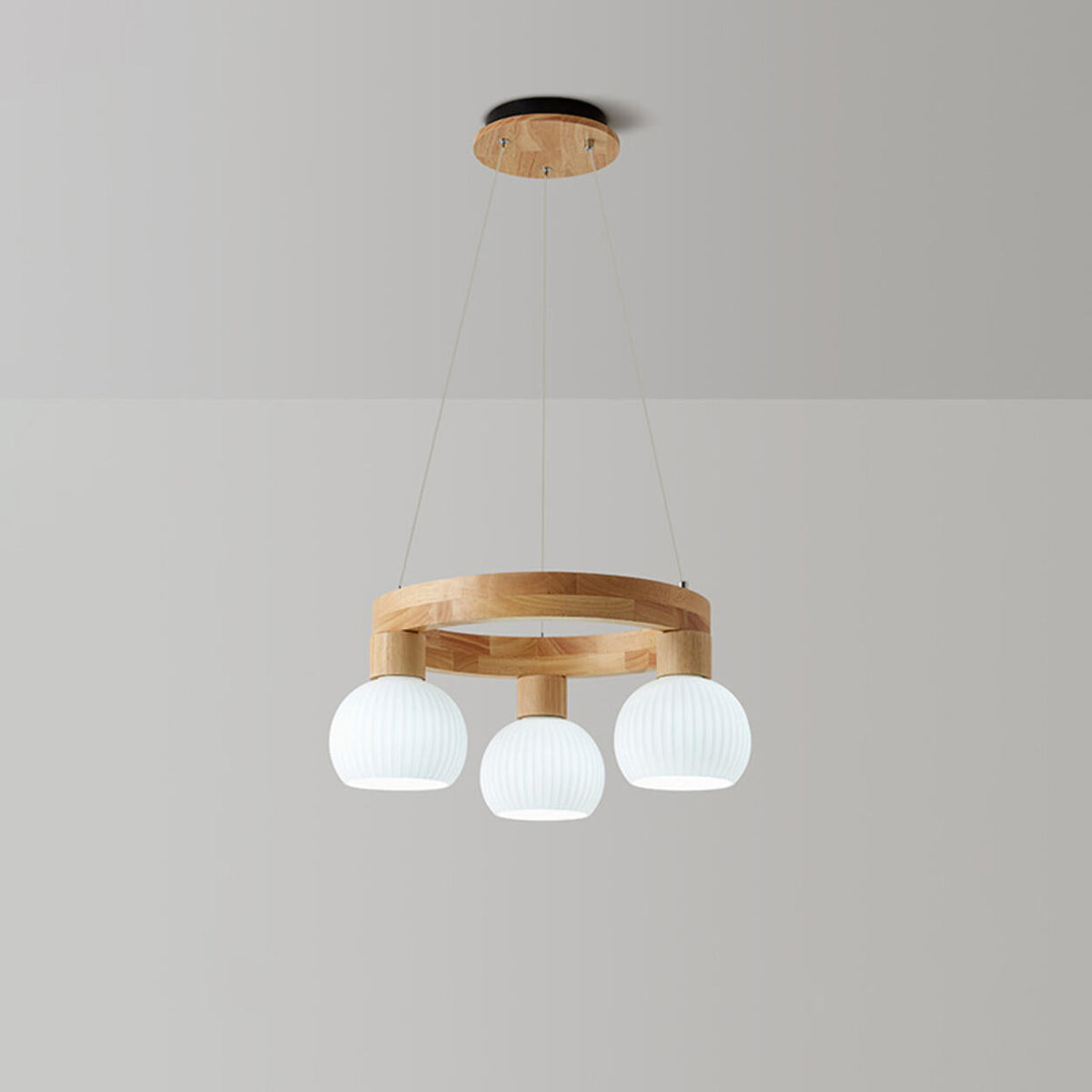 Scandinavian 9-Light GLobe Wooden Ring Chandelier