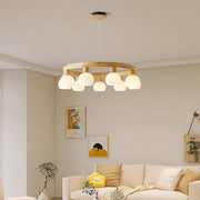 Scandinavian 9-Light GLobe Wooden Ring Chandelier
