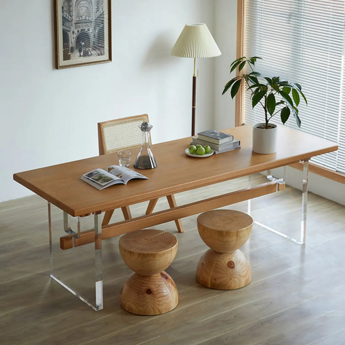 Scandinavian Acrylic Trestle Rectangular Wood Dining Table