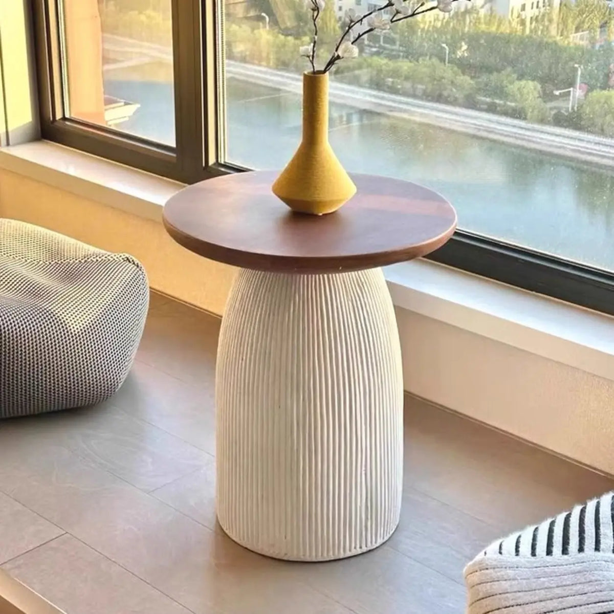 Scandinavian Brown Round Wood Top White Pedestal Side Table