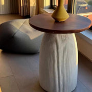 Scandinavian Brown Round Wood Top White Pedestal Side Table