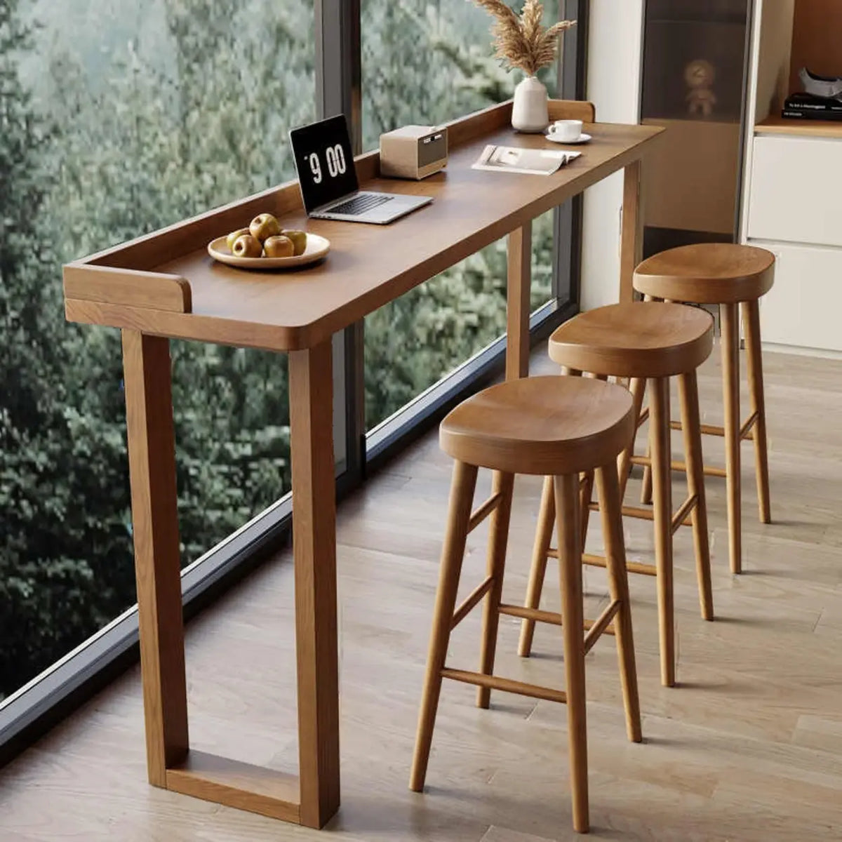 Scandinavian Minimalist Brown Wood Bar Stool with Footrest