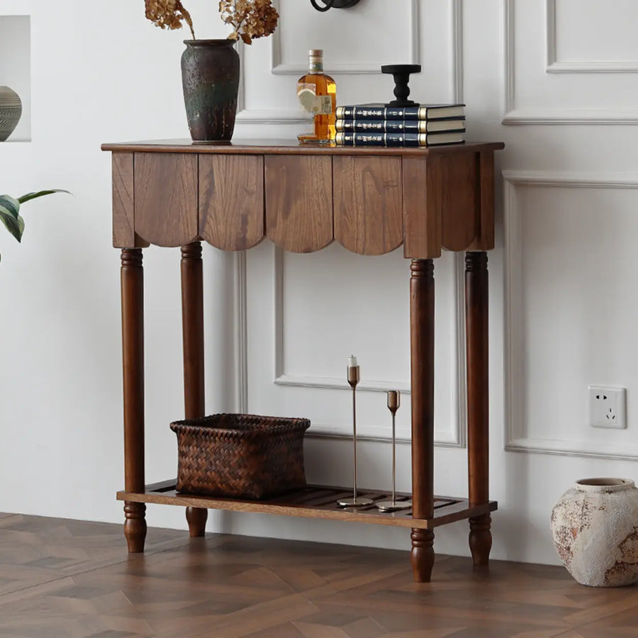 Scandinavian Rectangular Wood Console Table with Floor Shelf