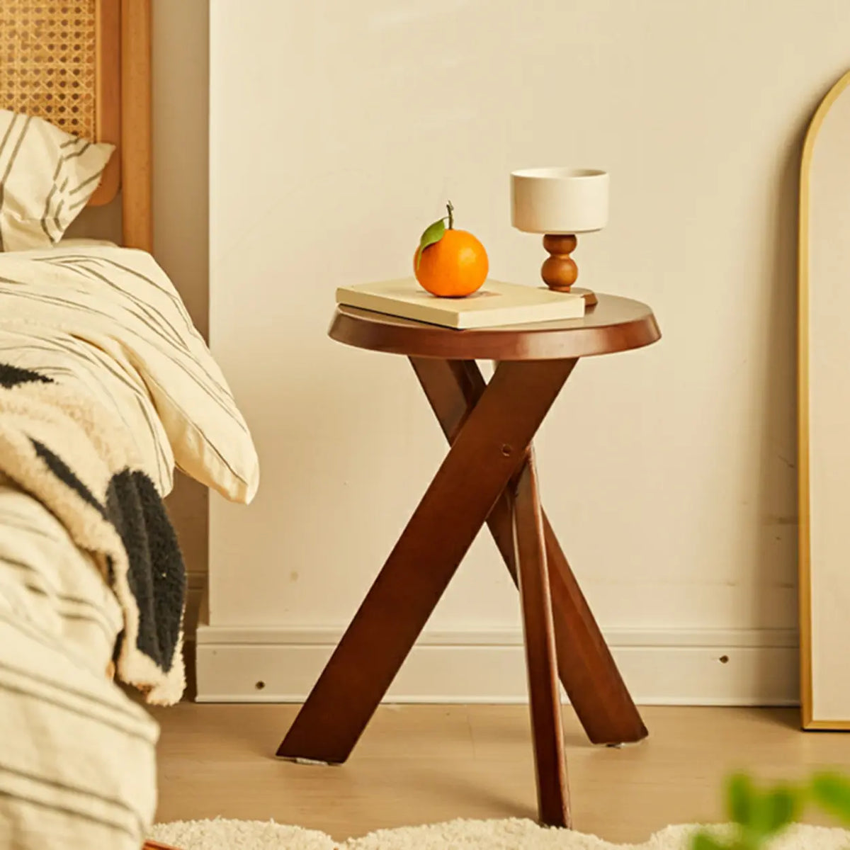 Scandinavian Small Wood Tripod Cross Legs Side Table