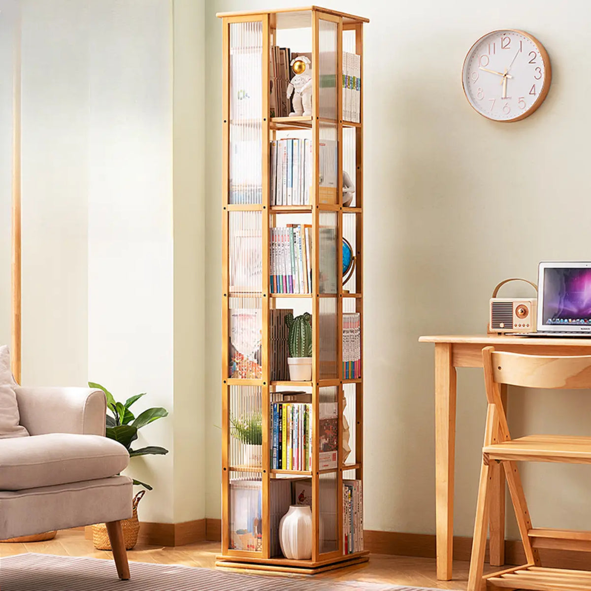 Scandinavian Vertical Tall Bamboo Rotating Bookshelf Tower