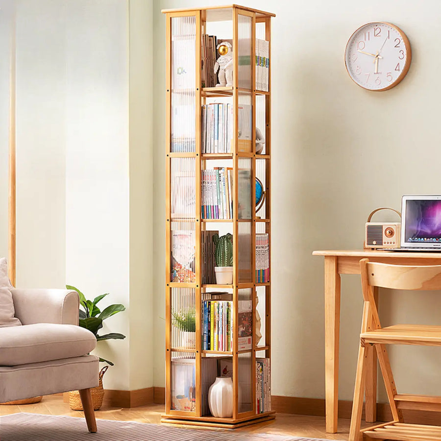 Scandinavian Vertical Tall Bamboo Rotating Bookshelf Tower