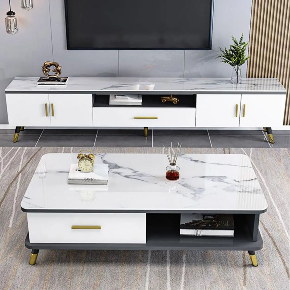 Scandinavian White Glass Cabinet Drawers TV Stand