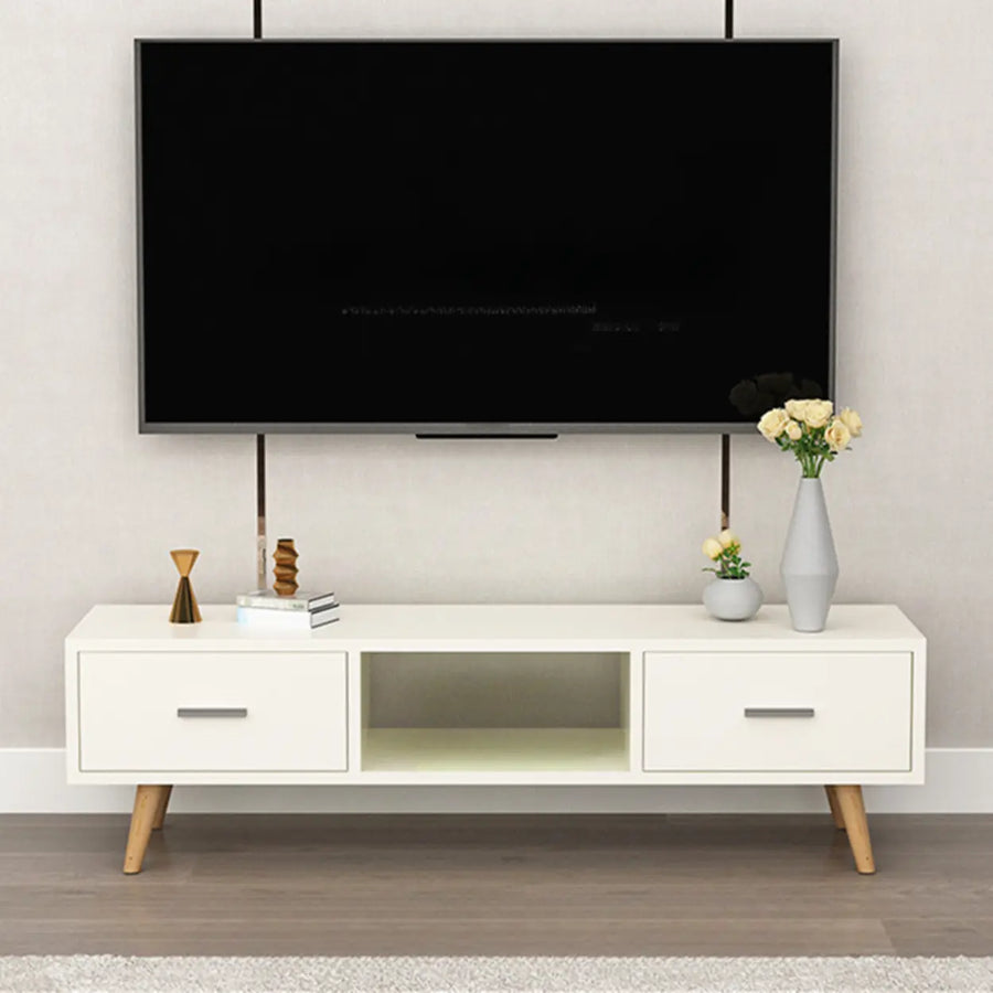 Scandinavian White Open Storage Drawers Wood TV Stand