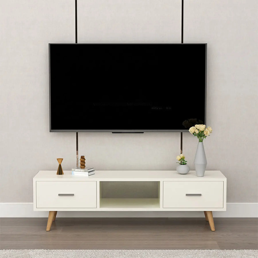 Scandinavian White Open Storage Drawers Wood TV Stand