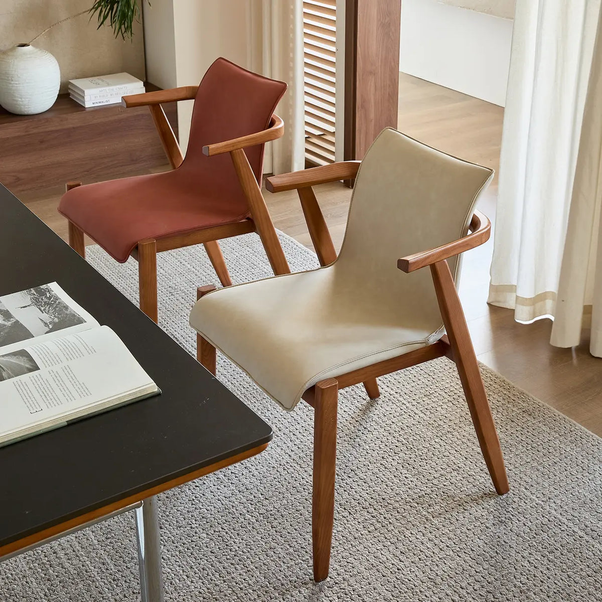 Scandinavian Wood Faux Leather Upholstered Arm Dining Chair