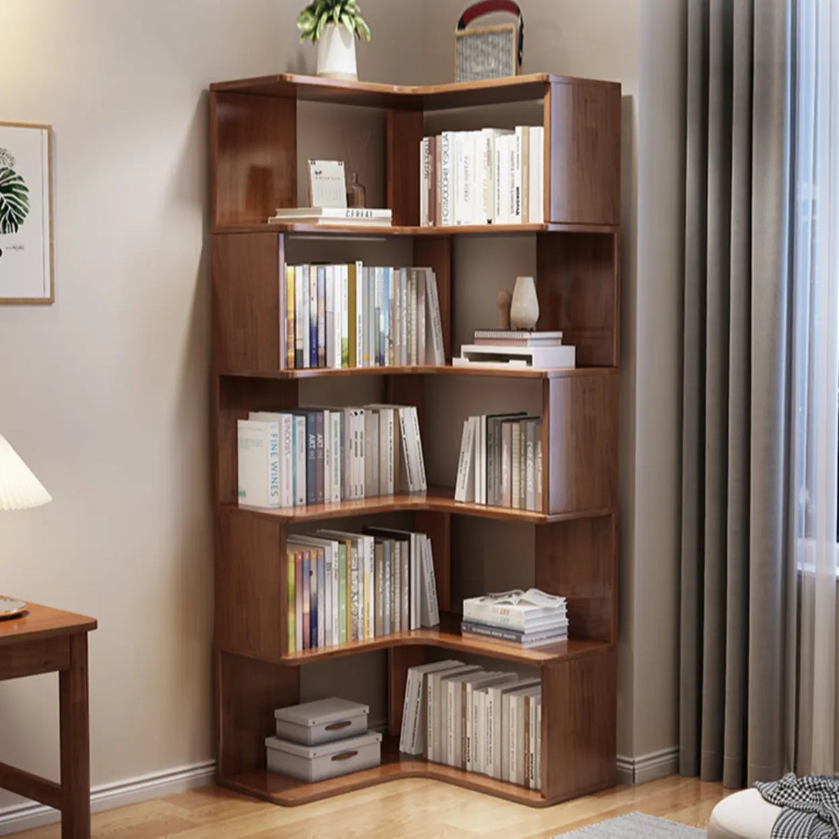 Scandinavian Wooden Vertical Corner L-Shaped Bookshelf