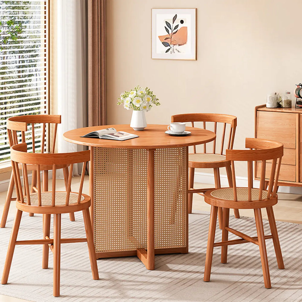 Scandinavian Woven Rattan Compact Round Wood Dining Table