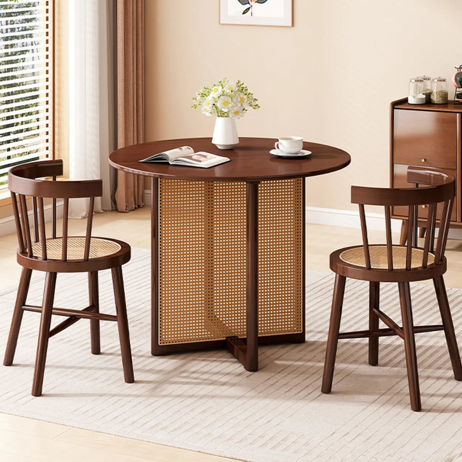 Scandinavian Woven Rattan Compact Round Wood Dining Table