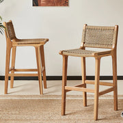 Scandinavian Woven Rope Wood Bar Stool with Low Back