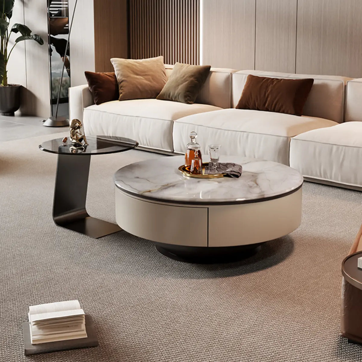 Scratch Resistant Round Marble Storage Coffee Table