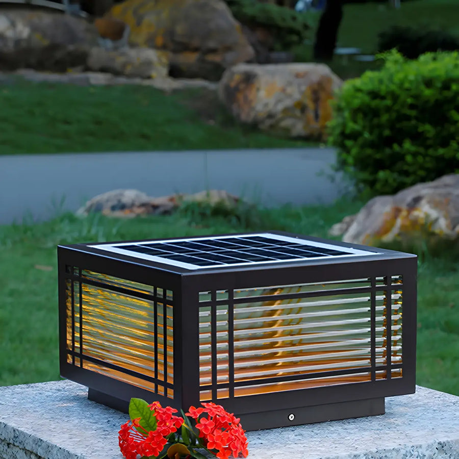 Simple Rectangular Glass Solar Metal Outdoor Lamp Brown