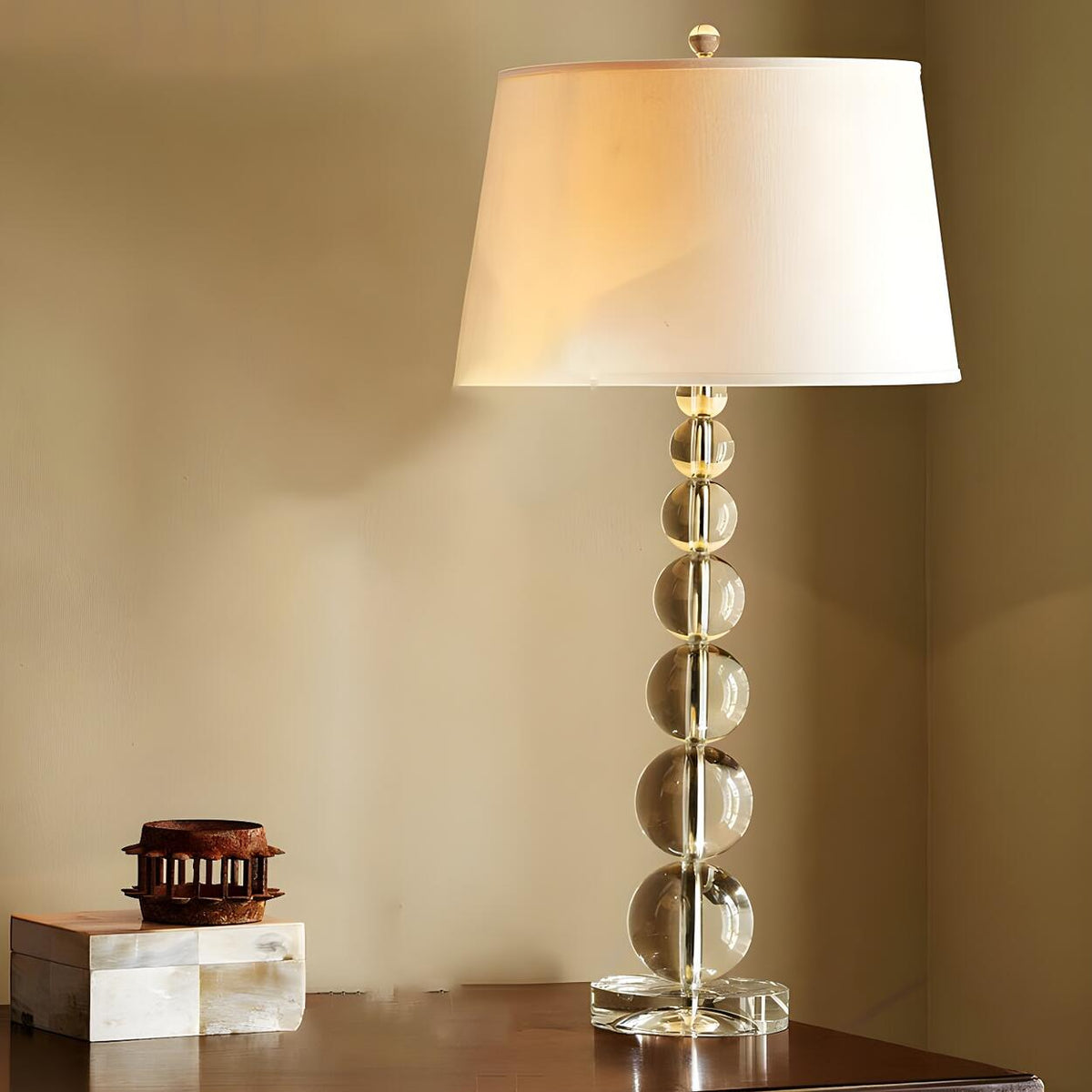 Simple White Fabric Crystal Ball Tower Base Table Lamp