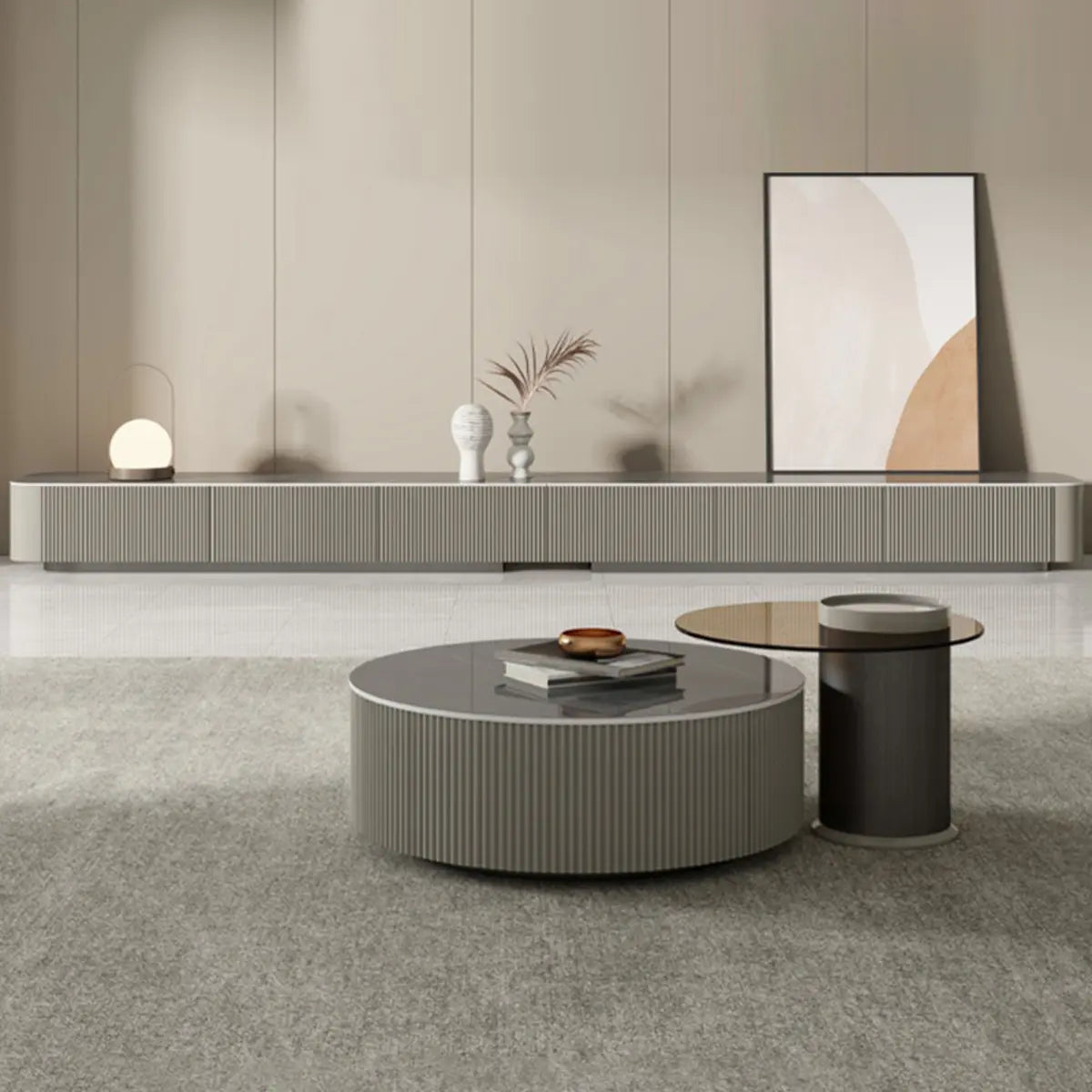 Simplistic Rectangle Grey Stone Drawers Long TV Stand