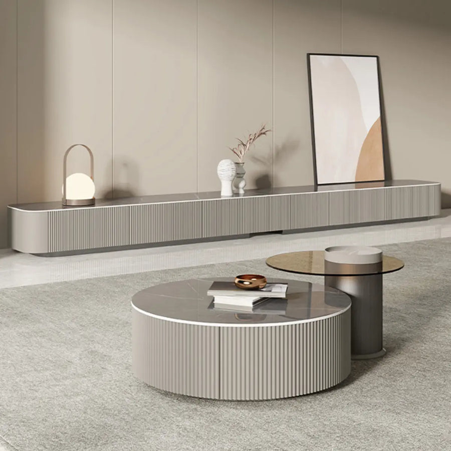 Simplistic Rectangle Grey Stone Drawers Long TV Stand