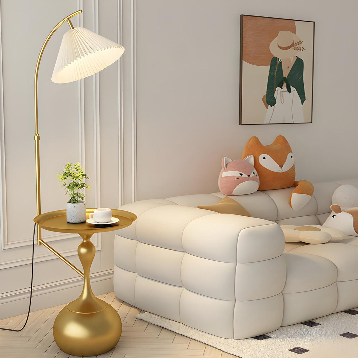 Sleek Pleated Gold Arched Floor Lamp with Side Table