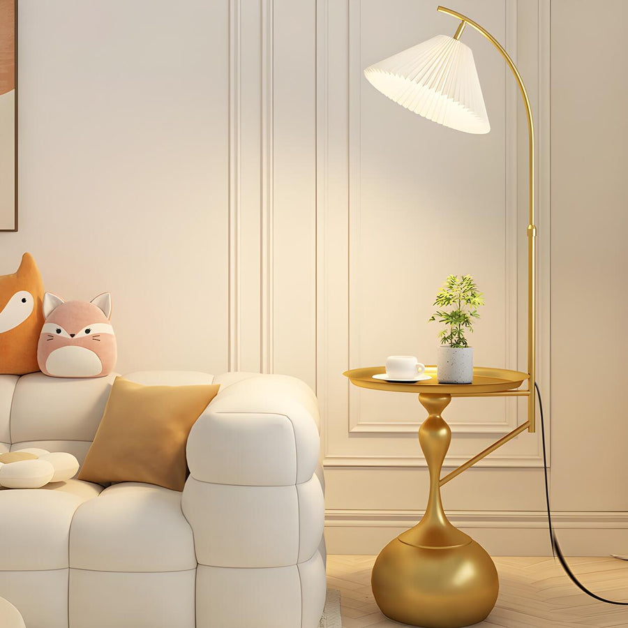 Sleek Pleated Gold Arched Floor Lamp with Side Table