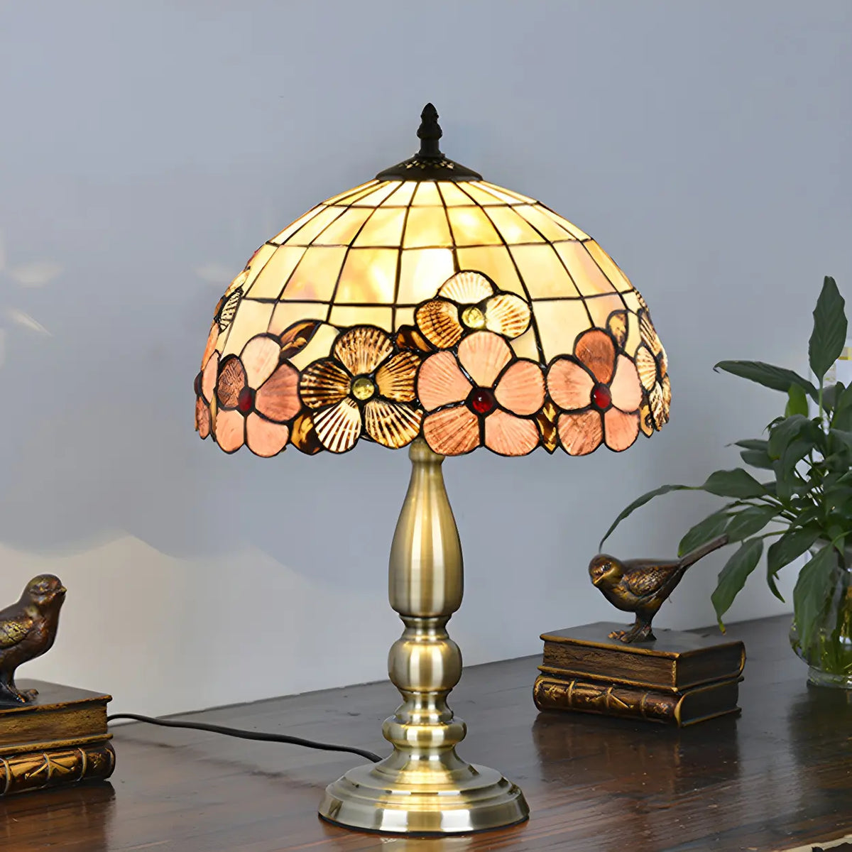 Sleek Tiffany Dome Stained Glass Metal Base Table Lamp