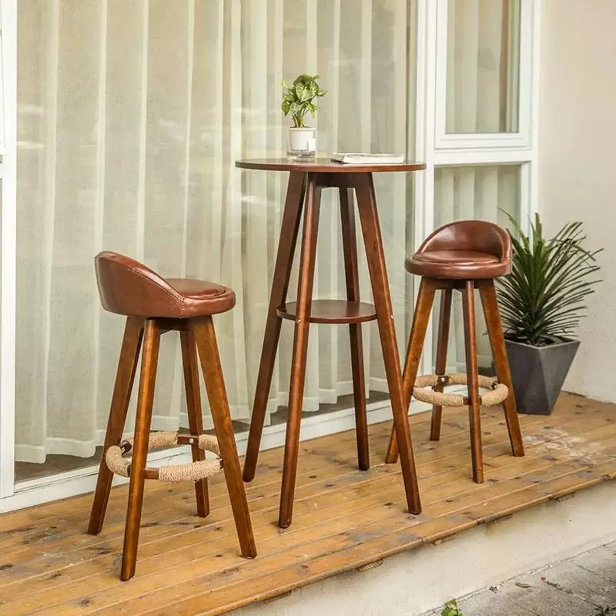 Small Natural Round Rubberwood Bar Table with Storage