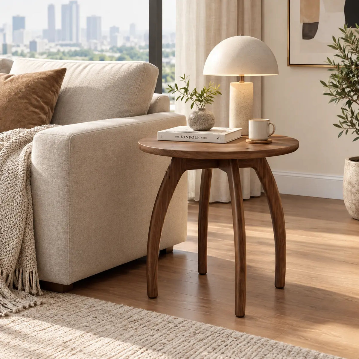 Solid Ash Wood Round Side Table with Curved Legs