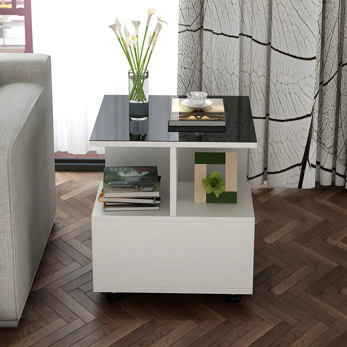 Square Glass and Wood Base White Shelved Side Table